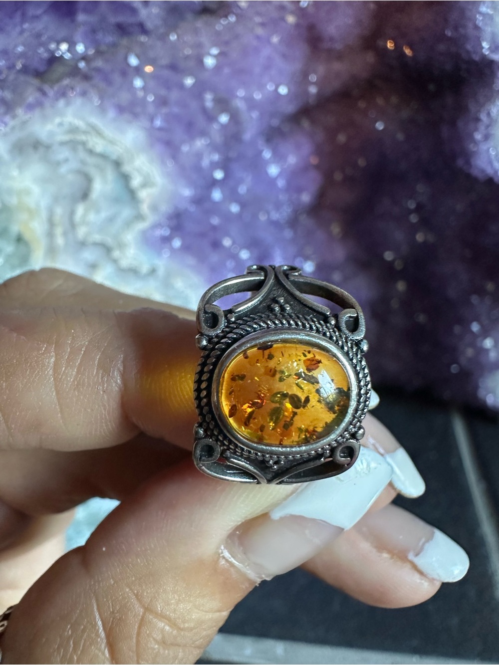 Vintage Style silver 925 natural Amber Oval ring  - Honey Amber Color